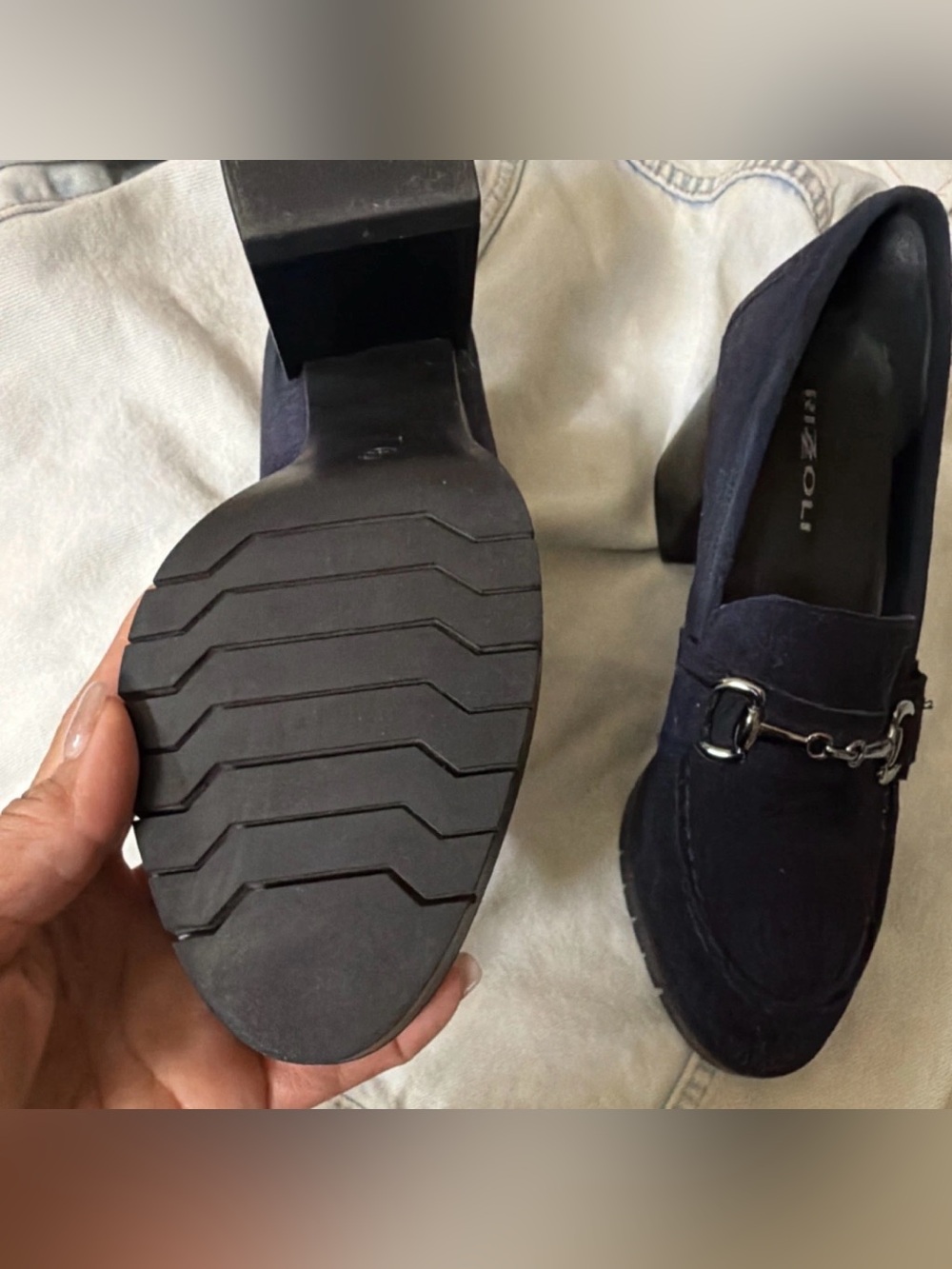 RIZZOLI Navy Suede Horsebit Block Heel Pumps Women's Almond size size 40 USA - Picture 4 of 9